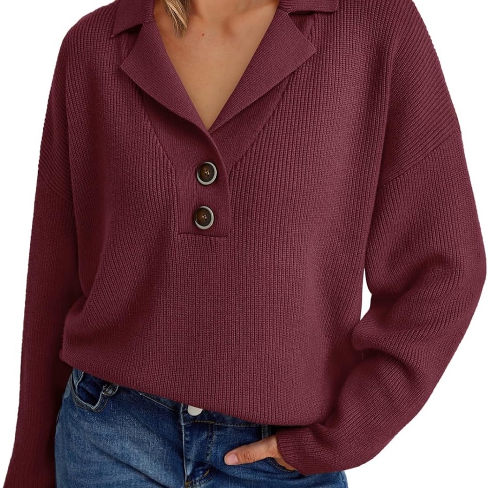 Burgundy V-Neck Sweater with Textured Knit and Relaxed Fit